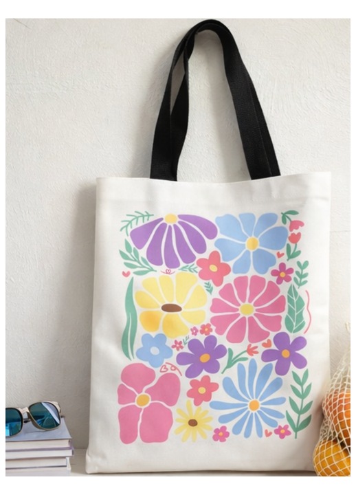 Fehér bevásárlótáska, színes virágmintával, textil anyagból, 30x40cm