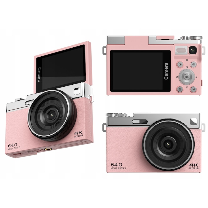 Aparat foto digital compact XREC C77, roz, 64 MP, 4K, ecran rotativ 2 "88", set complet