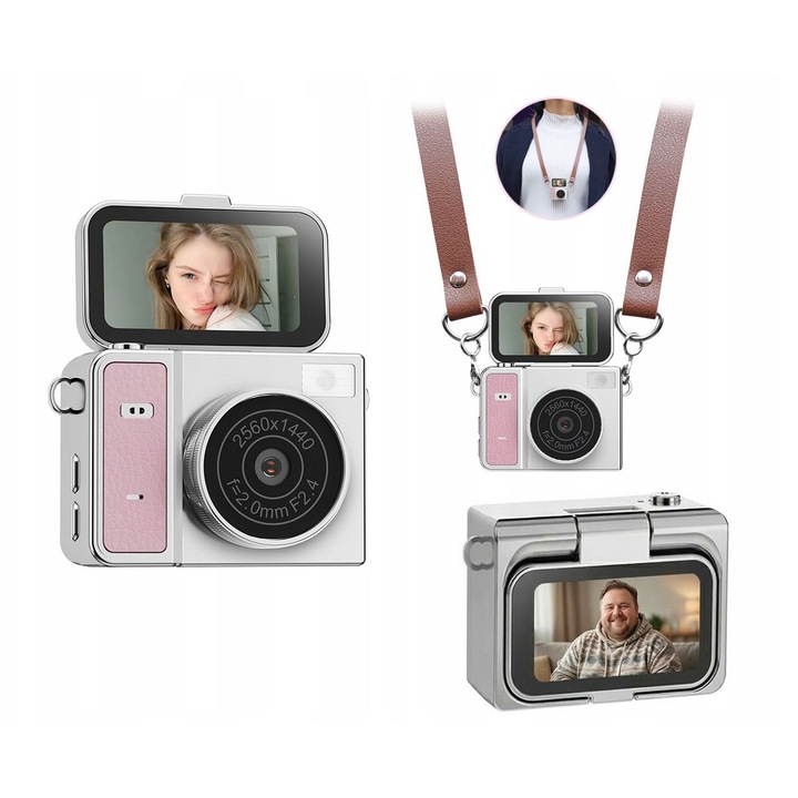 Mini aparat foto digital XREC X7, roz-gri, 64MP, 2K, ecran rotativ 180°, dimensiuni 30x34x45mm, set curea de gat