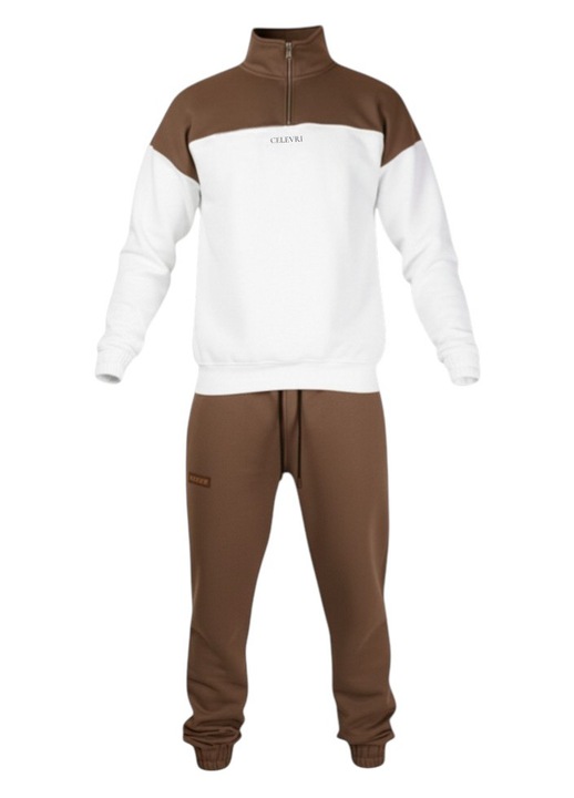 Trening Celevri pentru barbati, in doua culori din 100% bumbac, cu fermoar si umar cazut, Alb/Maro