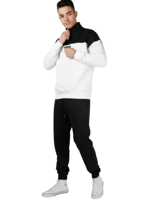 Trening Celevri pentru barbati, in doua culori din 100% bumbac, cu fermoar si umar cazut, Alb/Negru