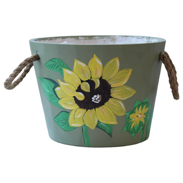Ghiveci, cos decorativ din lemn pictat manual – verde cu floarea soarelui, 20 cm