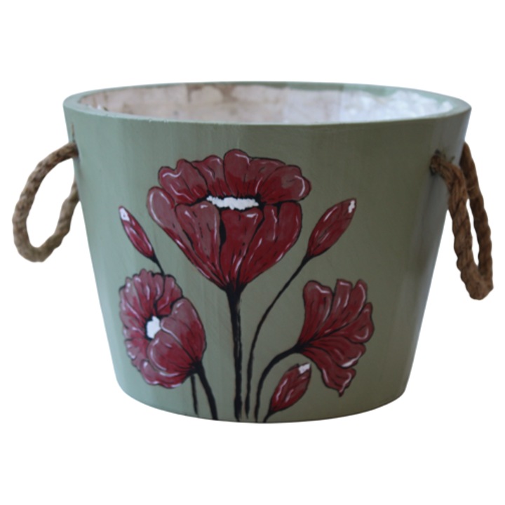 Ghiveci, cos decorativ din lemn pictat manual – verde cu maci rosii, 20 cm