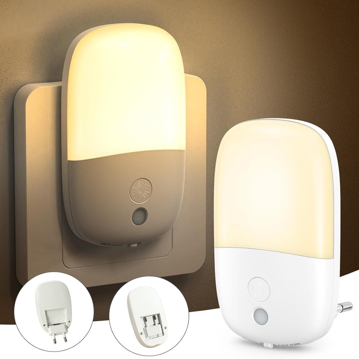 Set 2 lampa LED de veghe, Yingyun®, luminozitate reglabila, senzor zi-noapte, stecher pliabil, pentru dormitor, camera de copii, baie, hol, scari, 9.6x5.5 cm, Alb