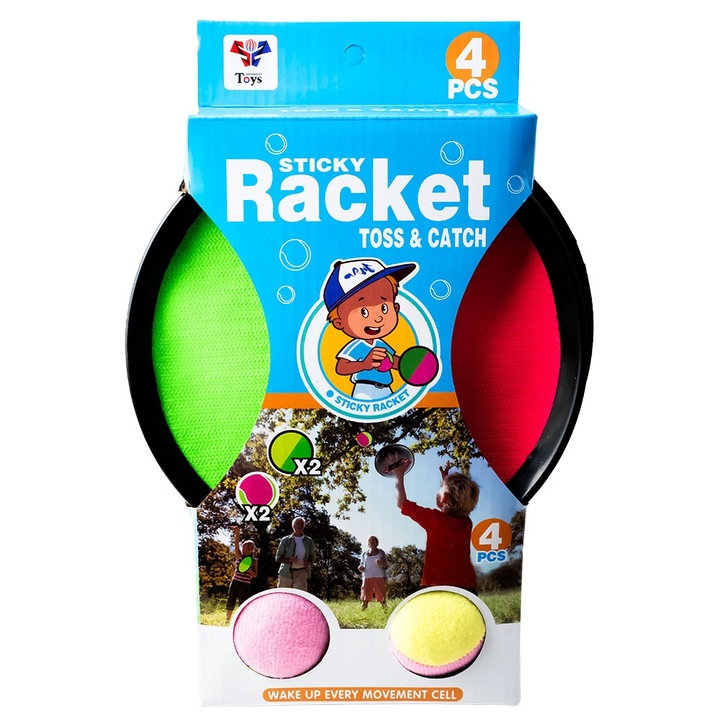 Set Joc de Gradina pentru Copii, Sticky Racket Toss & Catch, 4 Piese (2 Palete cu Scai si 2 Mingi), Multicolor