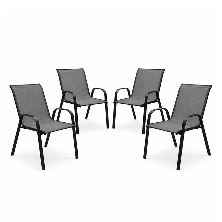 Set 4 Scaune Kiwari® Lago, 55.5x72.5x92.5 cm, Suprapozabil, Greutate maxima 110 kg, Gradina/Terasa/Balcon, Gri