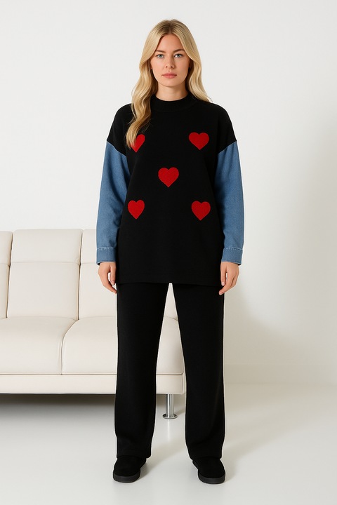 Compleu casual dama, Dima, oversized, maneci denim, imprimeu inimi, negru, OneSize