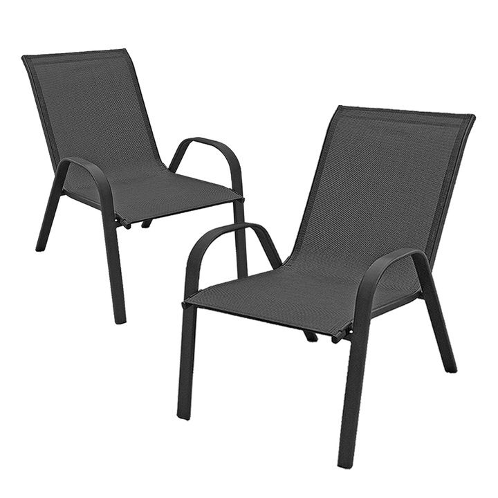 Set 2 Scaune Kiwari® Lago, 55.5x72.5x92.5 cm, Suprapozabil, Greutate maxima 110 kg, Gradina/Terasa/Balcon, Negru
