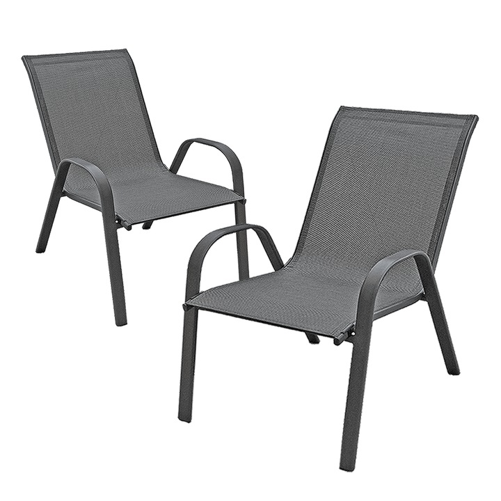 Set 2 Scaune Kiwari® Lago, 55.5x72.5x92.5 cm, Suprapozabil, Greutate maxima 110 kg, Gradina/Terasa/Balcon, Gri