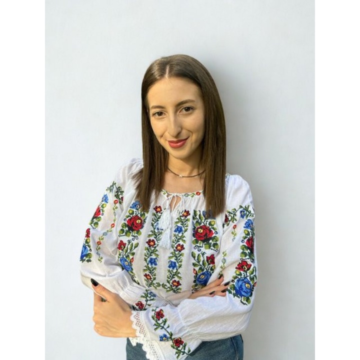 Ie traditională femei, motive florale, bumbac, alb, S