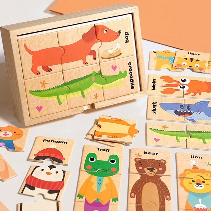 Kidsbele® Puzzle Animale din Lemn in Cutie, Joc Educativ Montessori pentru Copii, Puzzle 3 Piese cu Animale pentru Invatare Timpurie
