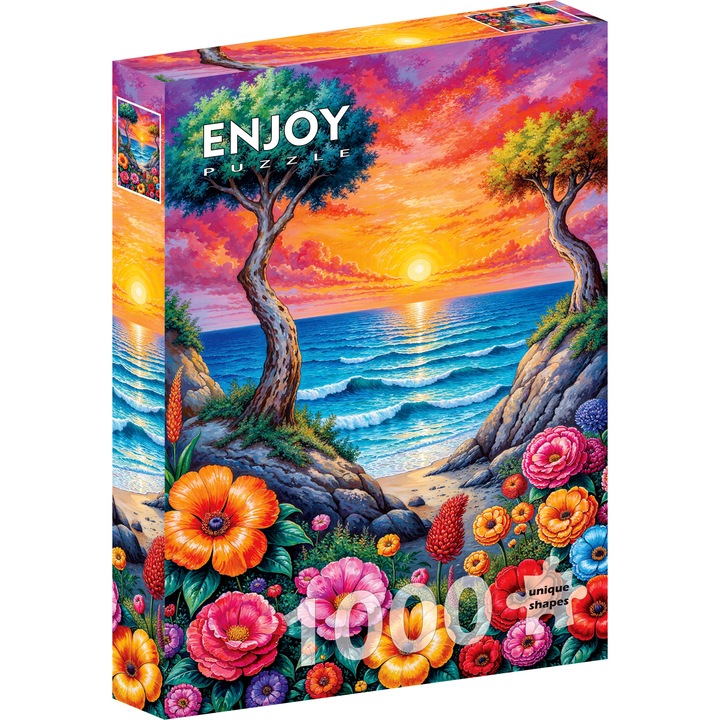 Puzzle 1000 Piese ENJOY – Blooming Coast, Peisaj cu Plaja si Flori Multicolore, Natura la Apus – Aspect Mat Anti-Reflexii, Suprafata Catifelata, Piese Rigide cu Forme Unice, Imbinare Stransa, Culori Intense, Inlocuire Piese Lipsa – 48x68 cm