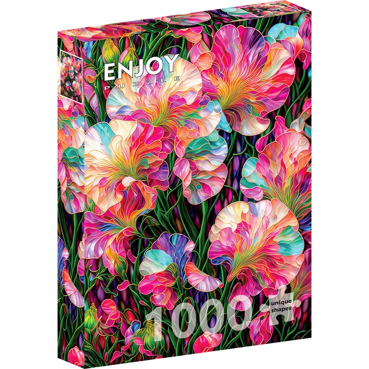 Puzzle 1000 Piese ENJOY – Sweet Peas Stained Glass, Flori Roz in Vitralii, Ilustratie Abstracta – Aspect Mat Anti-Reflexii, Suprafata Catifelata, Piese Rigide cu Forme Unice, Imbinare Stransa, Culori Intense, Inlocuire Piese Lipsa – 48x68 cm