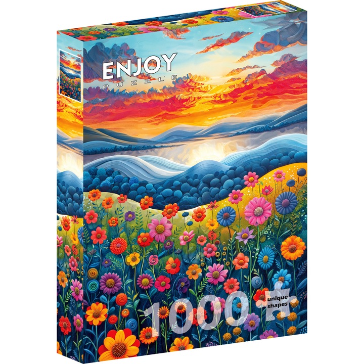 Puzzle 1000 Piese ENJOY – Sunrise Fields, Camp cu Flori Colorate la Rasarit, Peisaj la Apus cu Munti si Lac – Aspect Mat Anti-Reflexii, Suprafata Catifelata, Piese Rigide cu Forme Unice, Imbinare Stransa, Culori Intense, Inlocuire Piese Lipsa – 48x68 cm