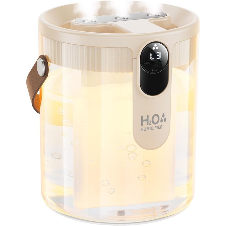 Umidificator de aer, capacitate 1.5L, 3 Moduri- Dublu/Intermitent, senzor inteligent, lumina de noapte, ultra-silentios, Auto-Oprire, 10-20h, Alb si Transparent, pentru Casa, Dormitor, Plante, Bebelusi, Birou