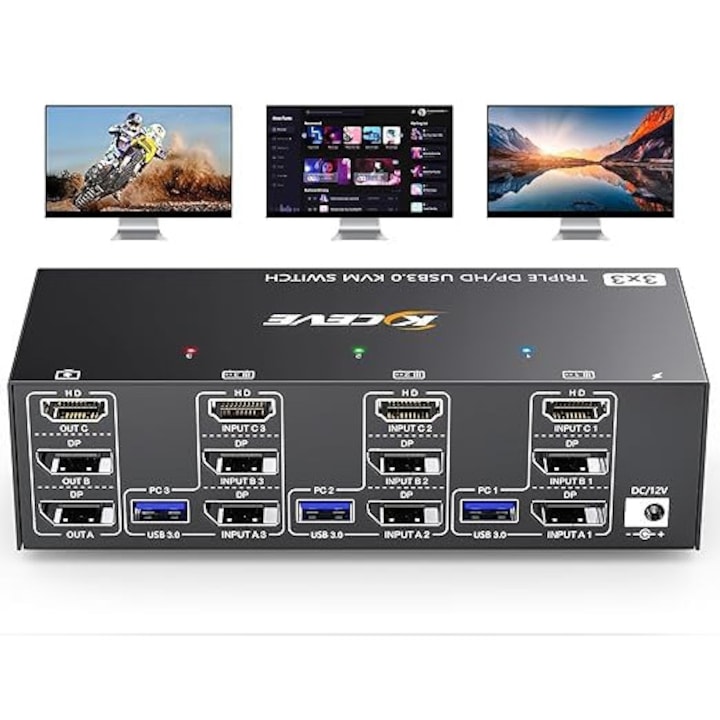 Comutator KVM MLEEDA pentru 2 PC-uri, 3 monitoare, HDMI + 2x DisplayPort, rezoluție 8K 60Hz, 4 porturi USB 3.0, telecomandă inclusă