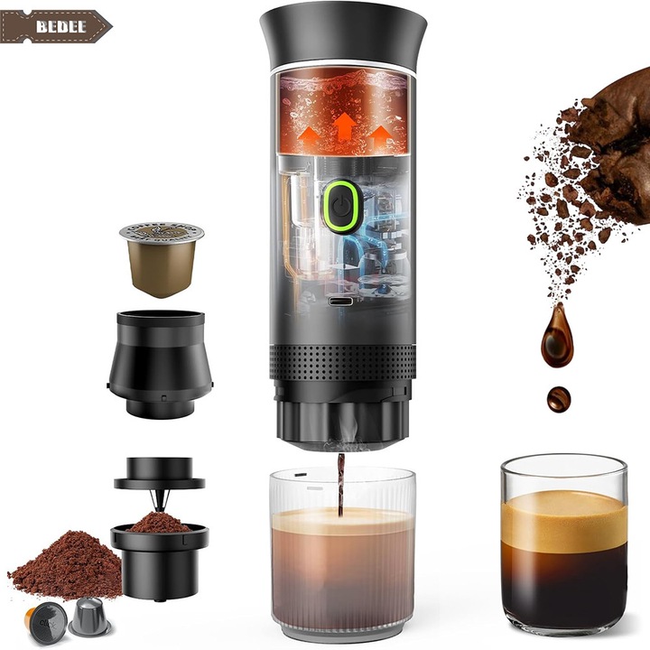Espressor Cafea Portabil si Manual 3-in-1, Bedee,60ML,7500 mAh, Cu functie de autoincalzire rapida, operare cu o singura atingere, reincarcabila prin USB, Compatibil cu capsulele Nespresso si cafeaua pudra, Negru/Galben