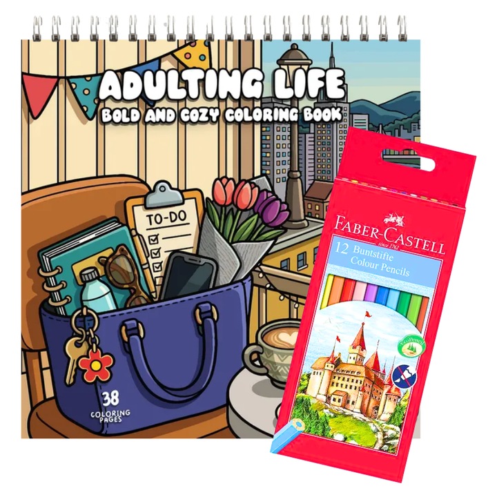 Carte de Colorat Antistres Adulting Life – 38 Ilustratii, Carton 160 gsm + 12 Creioane Faber-Castell