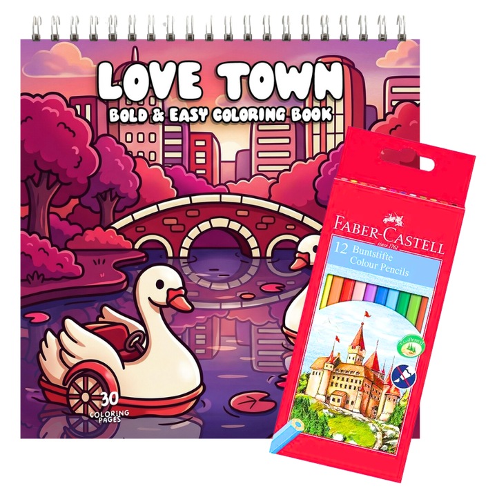 Carte de Colorat pentru Adulti Love Town – Antistres, 30 Pagini Carton 160 gsm + 12 Creioane Faber-Castell