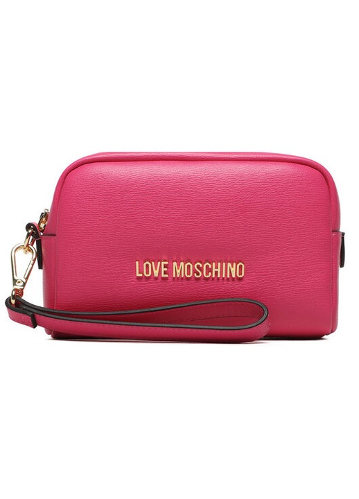Geantă plic Love Moschino, roz, 17x11x5cm, cu ornament metalic auriu, maner detasabil