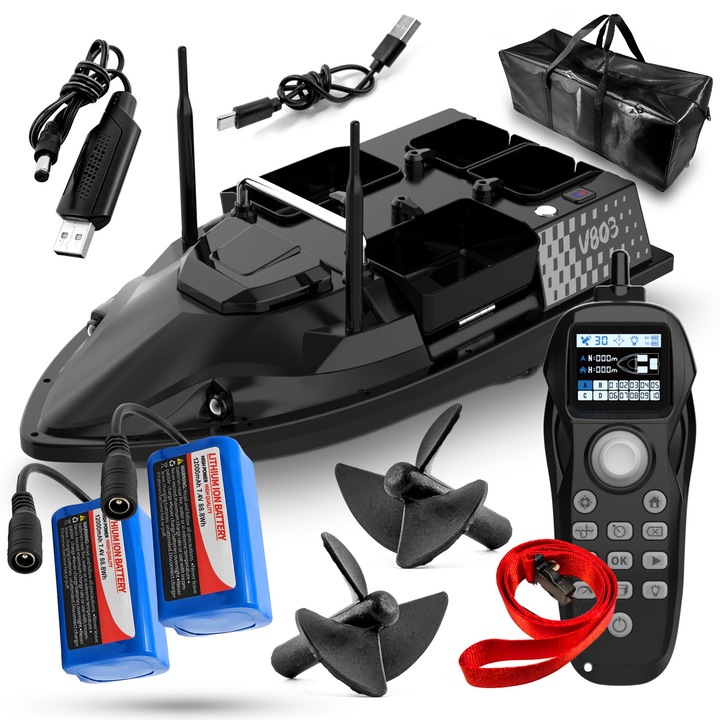 Barca nadire GOMEDIA, V803, GPS, 4 cuve, 3kg, 500m, 15km/h, 2 acumulatori, pentru pescuit crap si somn