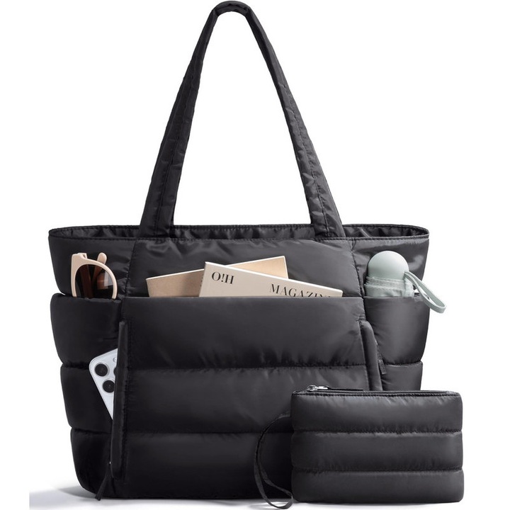 Női tote táska, Luoistu, steppelt, laptop rekesz 40 cm, fekete, méretek 40,64x15,24x33,02 cm