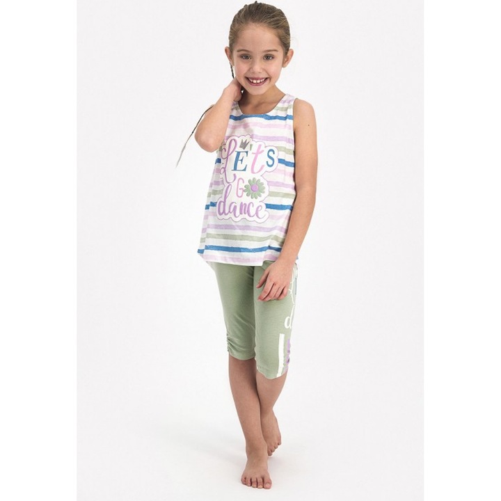 Pijama fetite cu maiou si pantaloni trei sferturi, imprimeu LET'S GO DANCE, verde, 9-10 ani