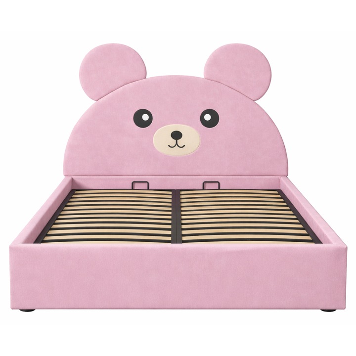 Pat de Copii Tapitat Brand Lux, model Ursulet, cu Somiera Rabatabila si Lada de Depozitare, roz, 120x200