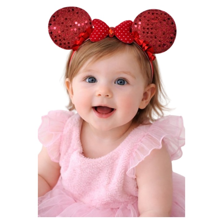 Gyermek diadém, Mini Junior, Minnie, piros, díszes fülek, masni