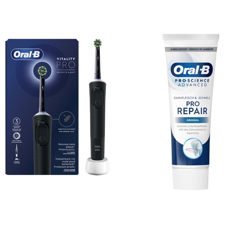 Promóciós csomag: Oral-B Vitality Pro elektromos fogkefe, 2D tisztítás, 3 program, 1 töltő, 1 fej, fekete + Oral-B Professional Pro-Repair Original fogkrém, 75 ml