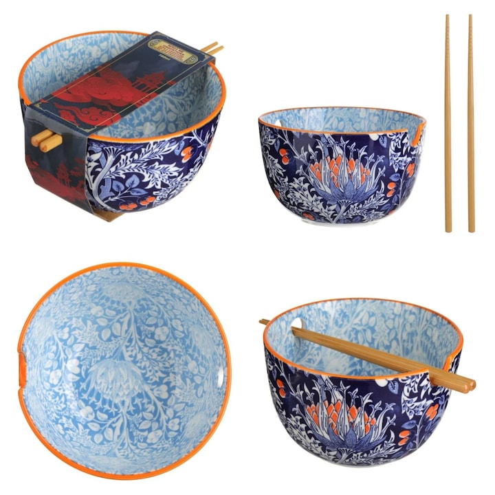 Bol din portelan albastru cu modele portocalii si chopsticks, 720ml, 16x10cm