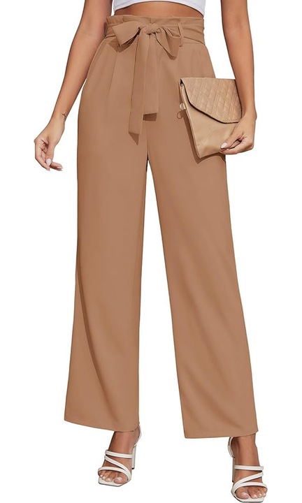 Pantaloni largi dama eleganti – talie elastica cu cordon, croiala dreapta cu efect fluid, material usor si respirabil, ideali pentru birou si tinute casual, Maro