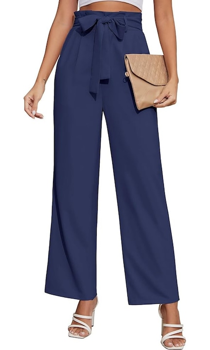 Pantaloni largi dama eleganti – talie elastica cu cordon, croiala dreapta cu efect fluid, material usor si respirabil, ideali pentru birou si tinute casual, Bleumarin