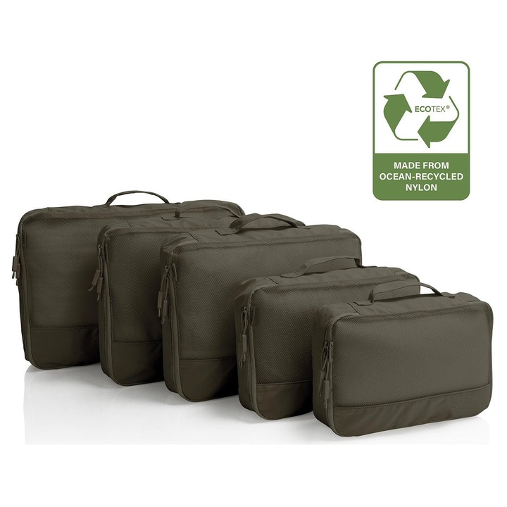 Set 5 organizatoare de calatorie Heys Ecotex verde mușchi, dimensiuni variate, material reciclat