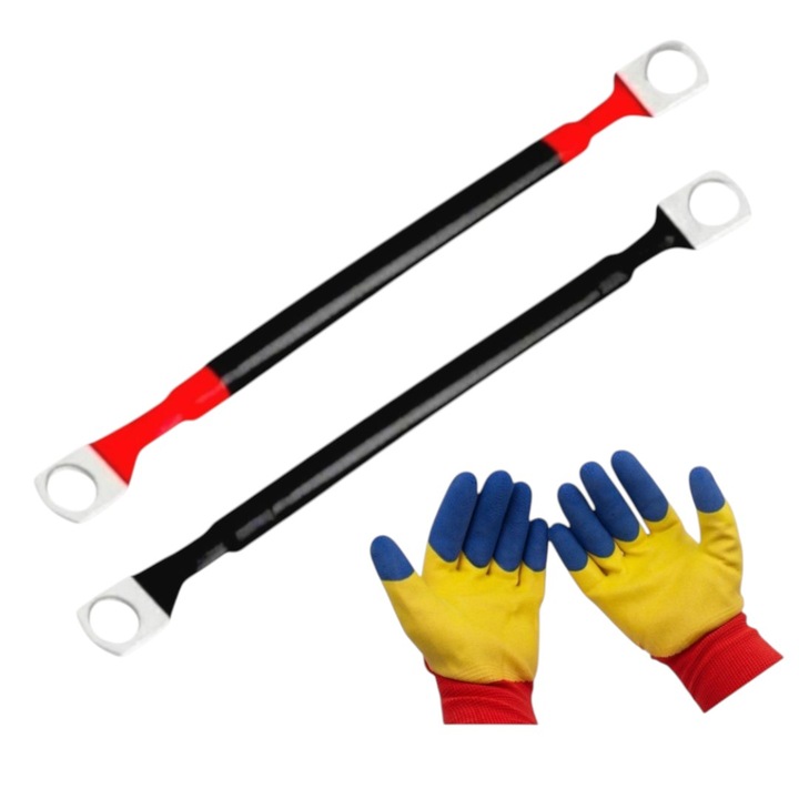 Set cablu pornire baterie/transfer curent, sectiune 16 mmp, 2x25 cm, cu 4 papuci M12, conductivitate electrica excelenta cu Set manusi tricolore, protectie