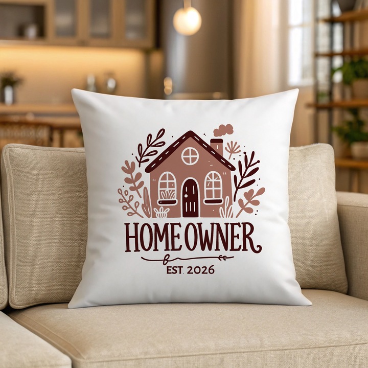 Perna decorativă cu ilustrație "Home Owner", 40x40cm, alb și cărămiziu, husă detașabilă