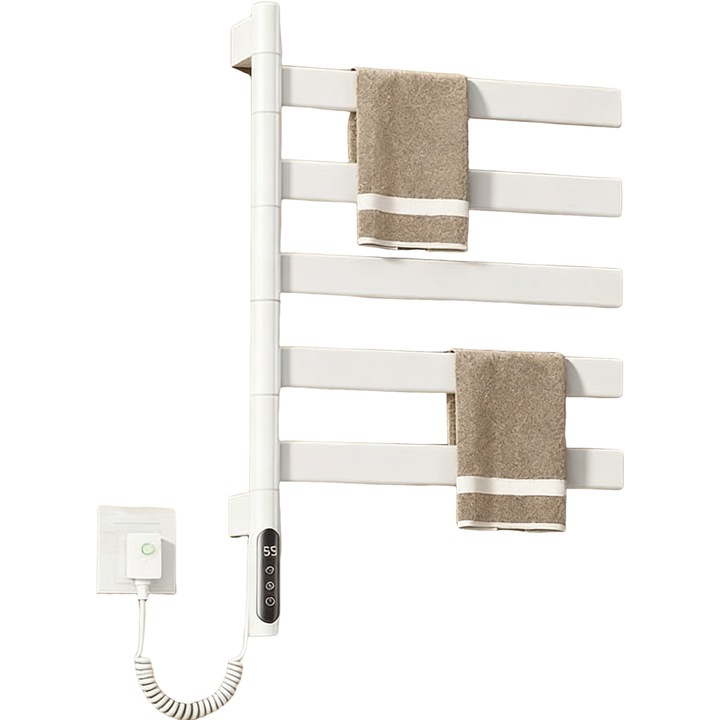 Calorifer Electric pentru Baie Prosopar, SIOYIE, G68, 180° Rotativ, Incalzire cu Fibra de Carbon, Touch Smart, Temporizator 30-70°C, IPX4, 120W, pentru Uscare si Igienizare Prosoape, Alb Perlat