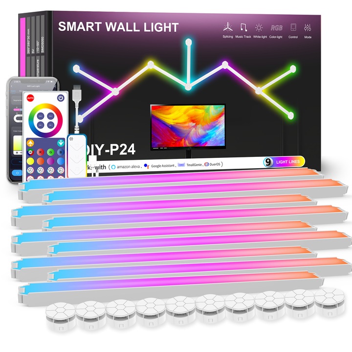 Lampa LED Smart RGB Modulara, 9 bare, WiFi, Control din aplicatie, Sincronizare muzica, Compatibil Alexa & Google