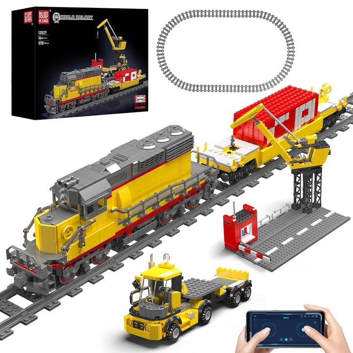 Set de constructie Mould King 12027 SD40-2 Diesel Locomotive – 1170 piese, Model Tren cu Telecomanda si Sine, Locomotiva Diesel cu Macara si Camion