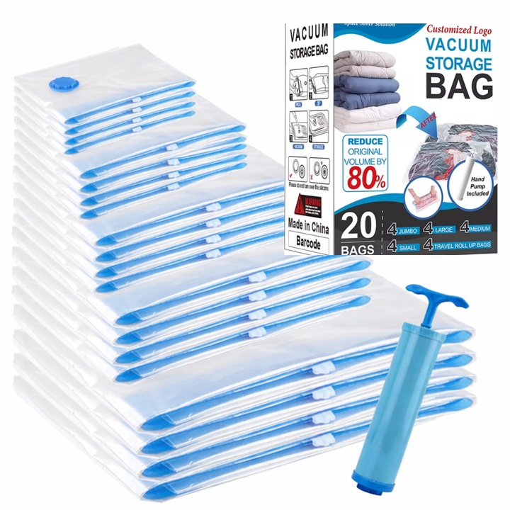 Saci vidat Set 20 Saci Vidat Haine cu Pompa Inclusa, Economisire Spatiu pana la 75%, Reutilizabili, Anti-Umiditate si Praf, Vacuum Storage Bags, Dimensiuni 40x60 / 50x70 / 60x80 / 80x100 cm + Travel Roll Up, Transparent