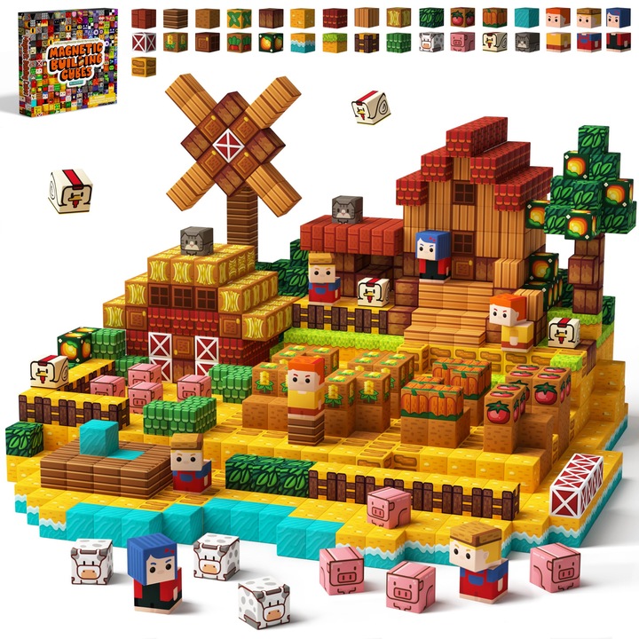 Set cuburi magnetice AjieQaQ®, tema de ferma, 100 piese, jucarie educativa 3D tip Minecraft, blocuri de constructie STEM, multicolor, cadou pentru copii 3–7 ani