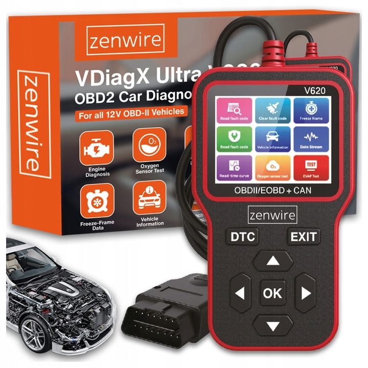Zenwire V620 OBD2, ELM327, CAN interfész, diagnosztikai szkenner, kijelző