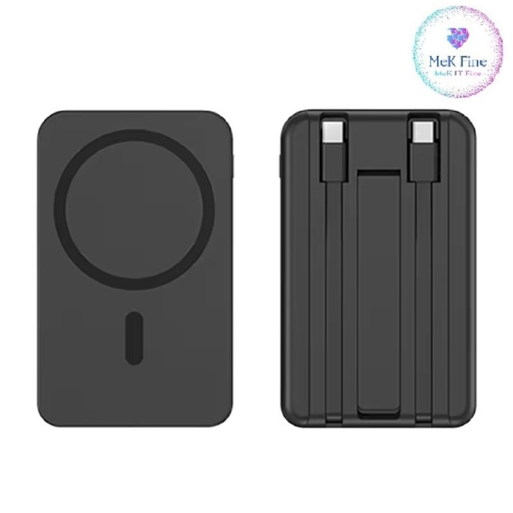 MeK Fine - Power Bank 20000 mAh cu Incarcare Magnetica 15W, Fast Charge 22.5W, Bidirectional, Cabluri Incorporate Type-C si Lightning, Afisaj LED, Dual USB, Protectie Inteligenta, Negru Mat