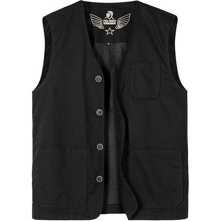 Vesta usoara, respirabila, cu nasturi si buzunare pentru iesiri in natura, negru 2XL