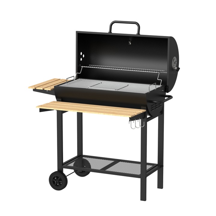 Gratar Barbecue pentru exterior tip Butoi ZILAN ZLN3594, Sistem de ventilatie, Termometru integrat, Suprafata mare, Mobilitate pe roti
