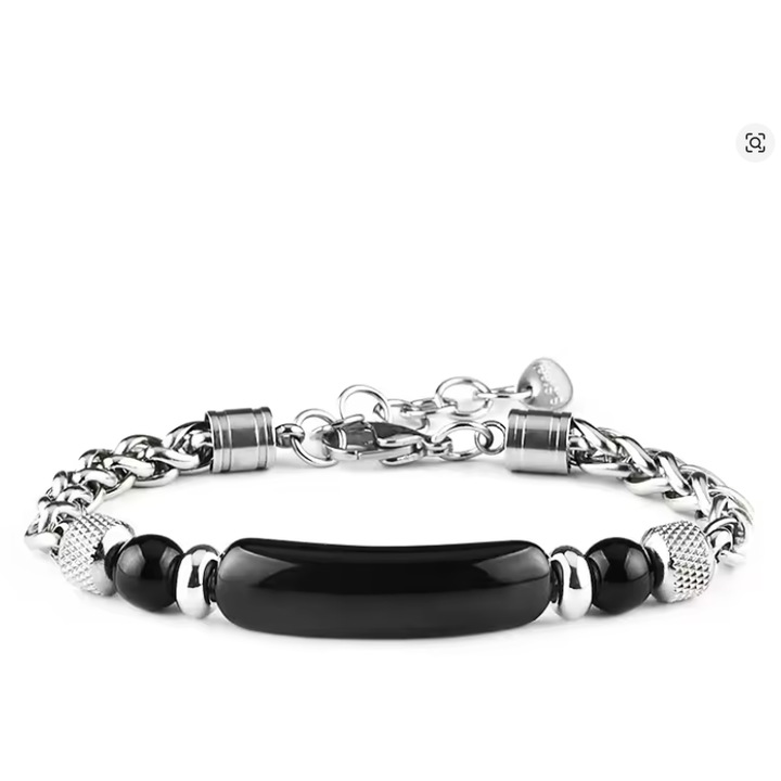 Bratara Barbati Otel Inoxidabil, Element Central Negru, Margele Decorative Negre, Reglabila 19+3 cm