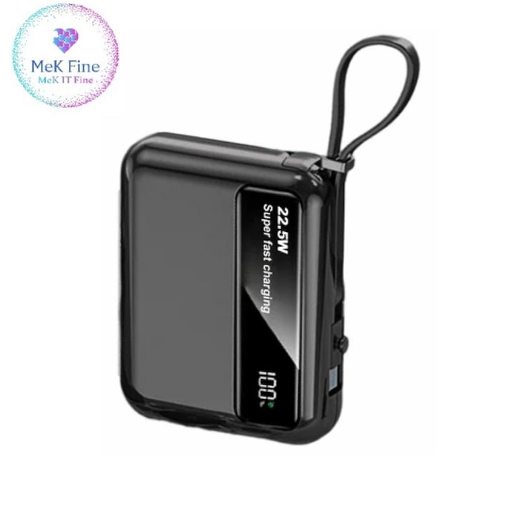 Baterie externă MeK Fine, 10000 mAh, 66W, cablu incorporat, negru lucios
