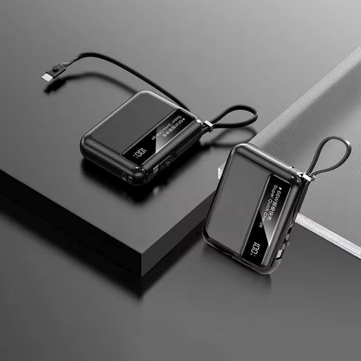 Baterie externă MeK Fine, 10000 mAh, 66W, cablu incorporat, negru lucios