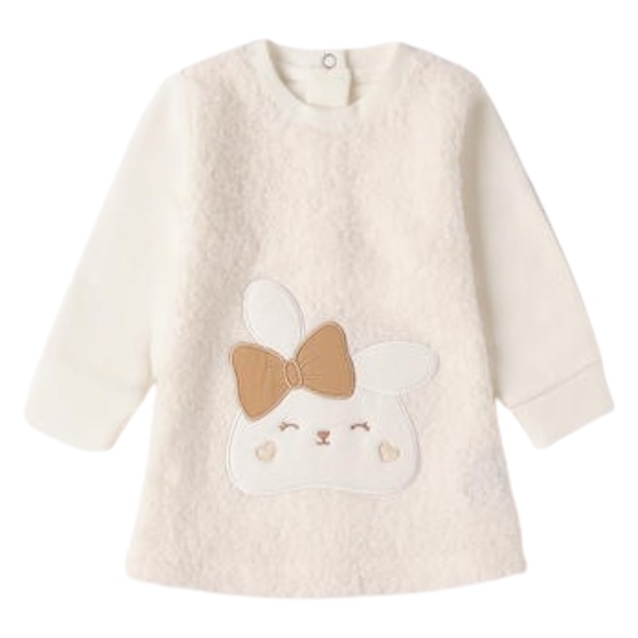 iDO baba lány ruha rugalmas pamutból, nyuszi applikációval, krém színben