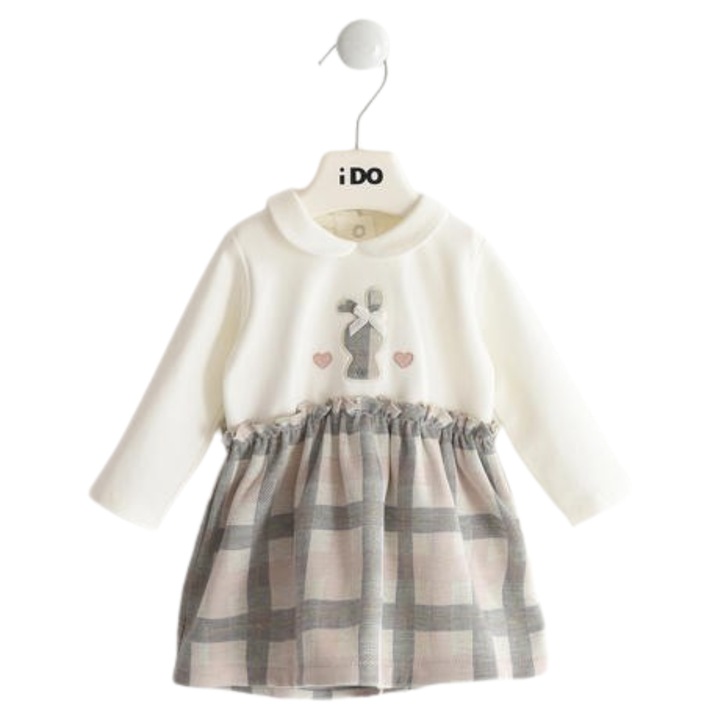 iDO rugalmas pamut baba ruha lányoknak, kockás szoknyával és nyuszi mintával, krém, szürke, Szürke/Krémszín